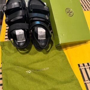 Tory Burch Black Leather Triple-Strap Logo Sandals